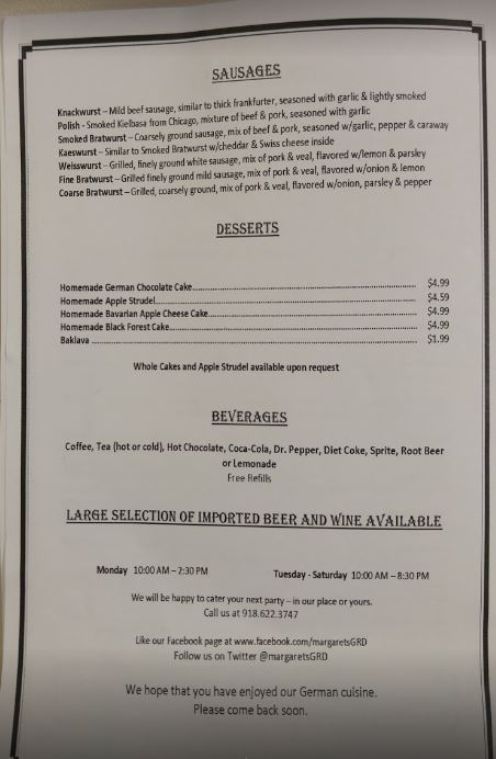 Margarets German Restaurant Menu