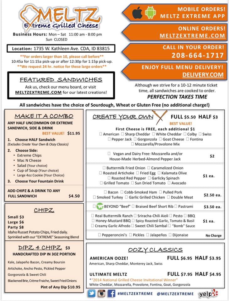 Meltz Extreme Grilled Cheese Menu