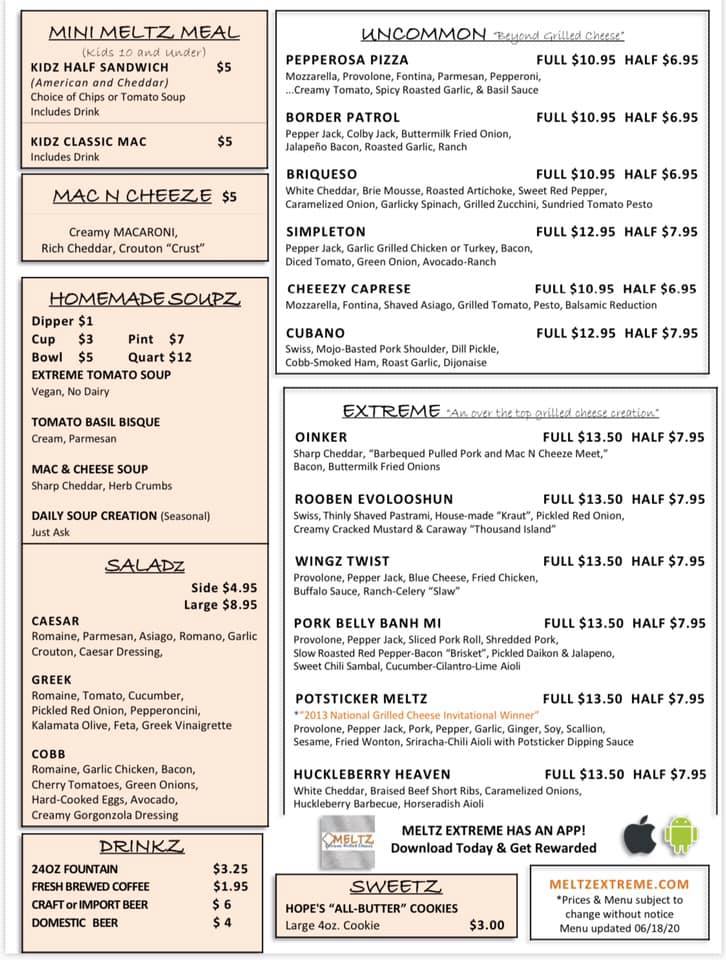 Meltz Extreme Grilled Cheese Menu