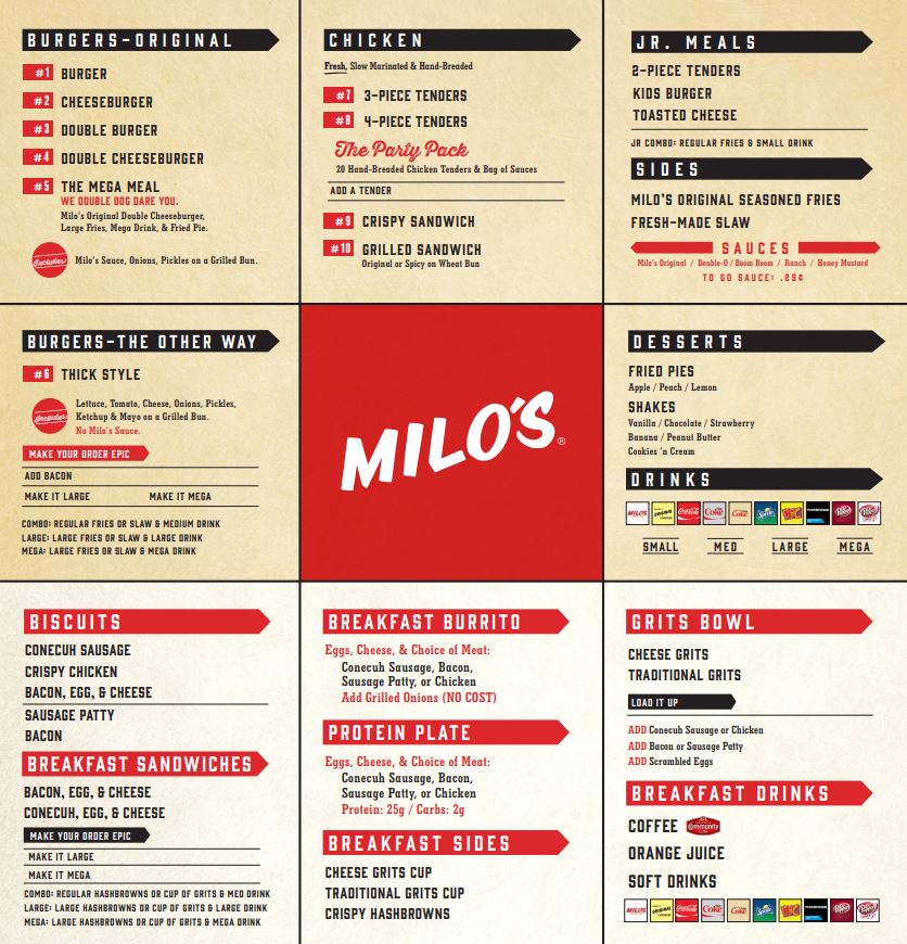 Milos Hamburgers Menu