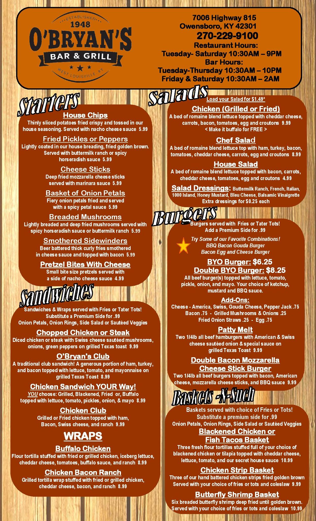 OBryans Bar & Grill Menu