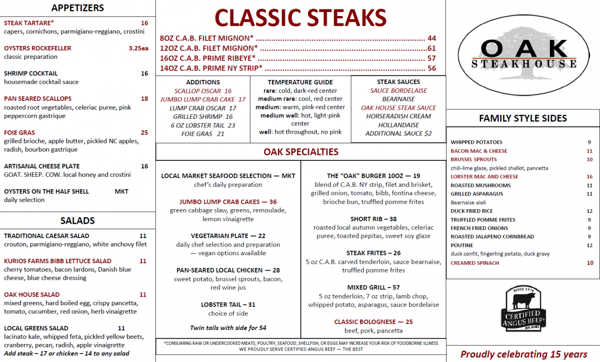 Oak Steakhouse Menu