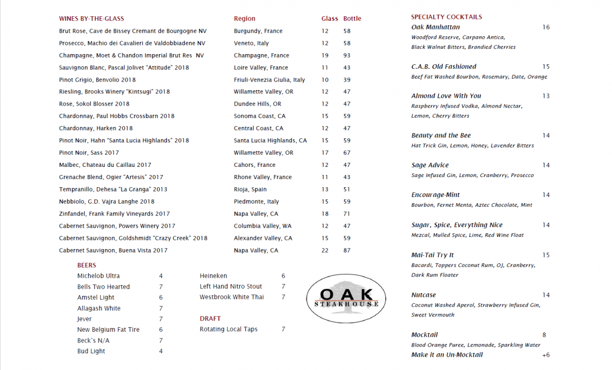 Oak Steakhouse Menu