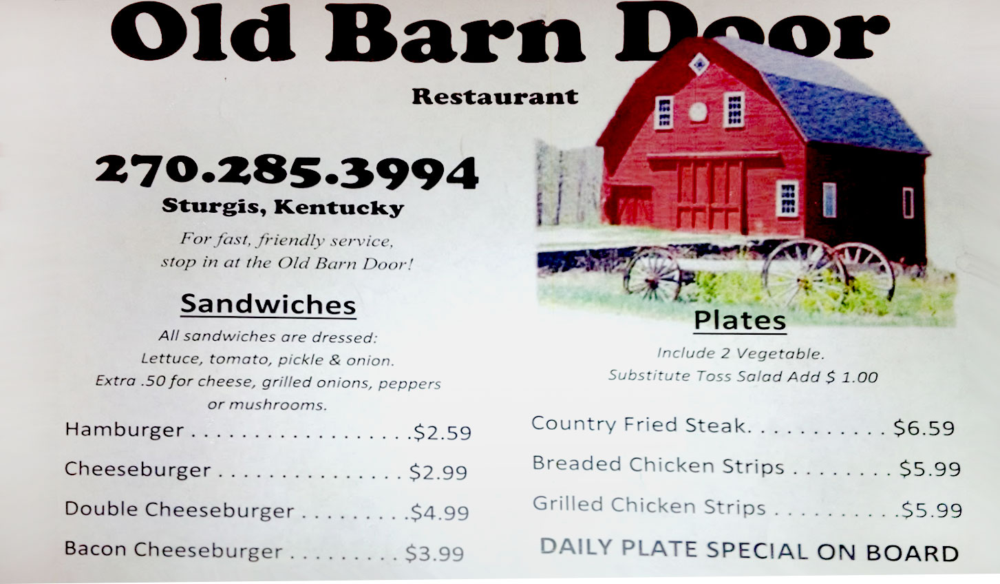 Old Barn Door Restaurant Menu