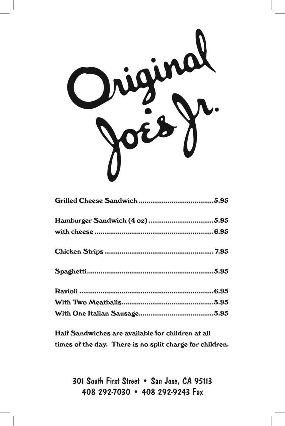 Original Joes Menu