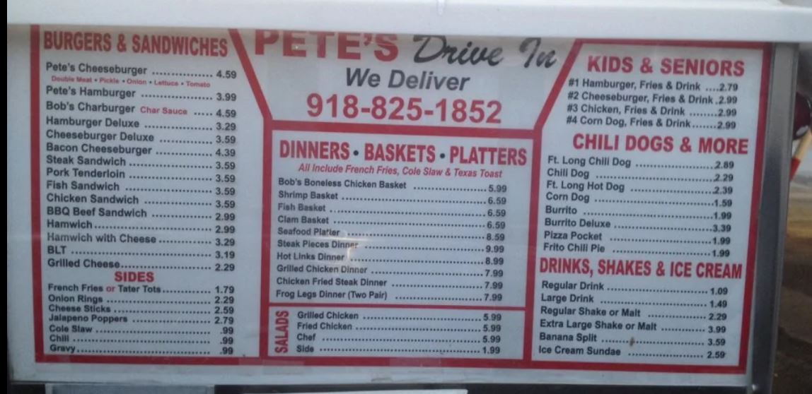 Petes Drive In Menu