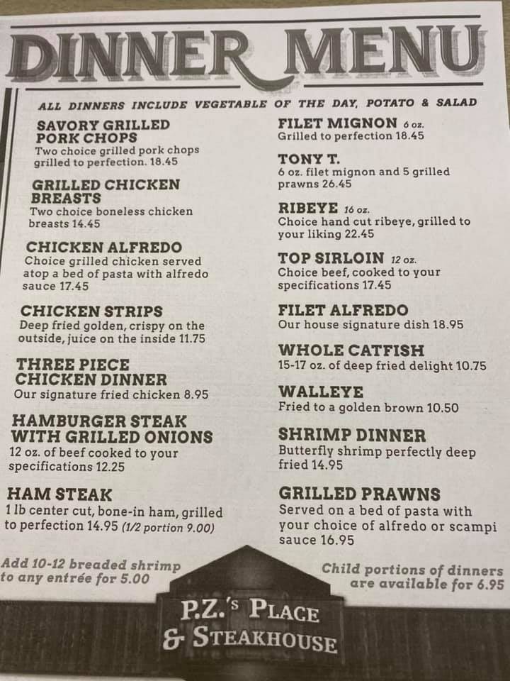 Pzs Place & Steakhouse Menu