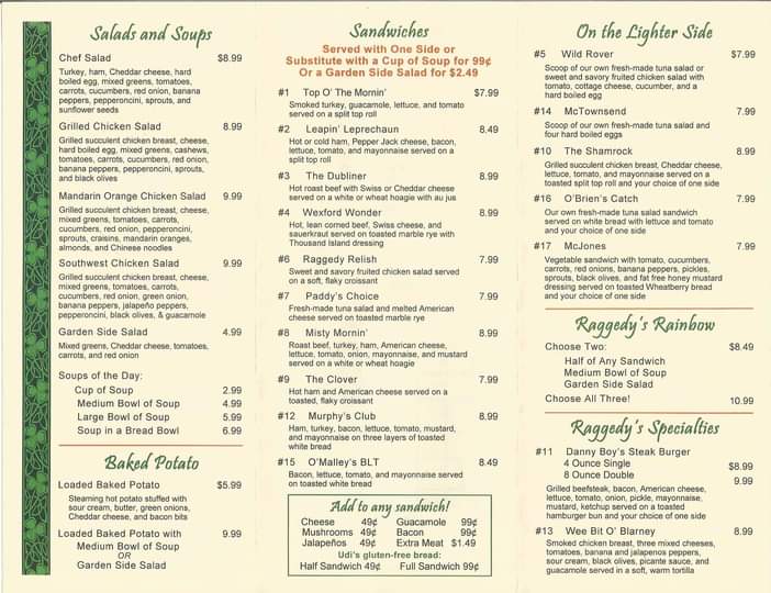 Raggedys Cafe Menu