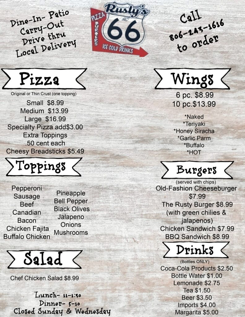 Rustys On 66 Menu