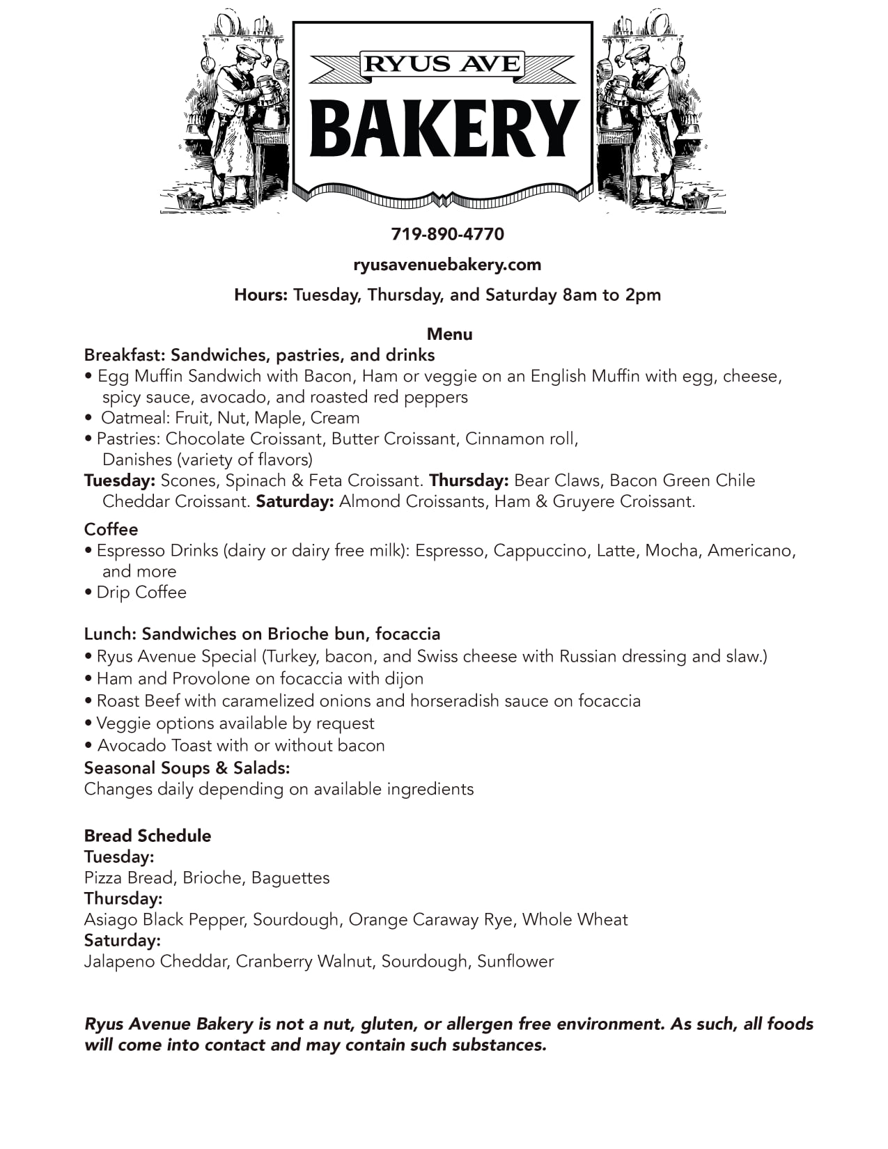 Ryus Ave Bakery Menu