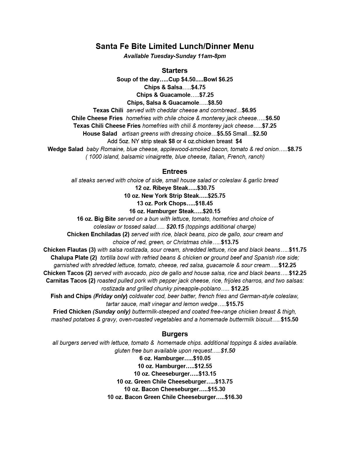 Santa Fe Bite Menu