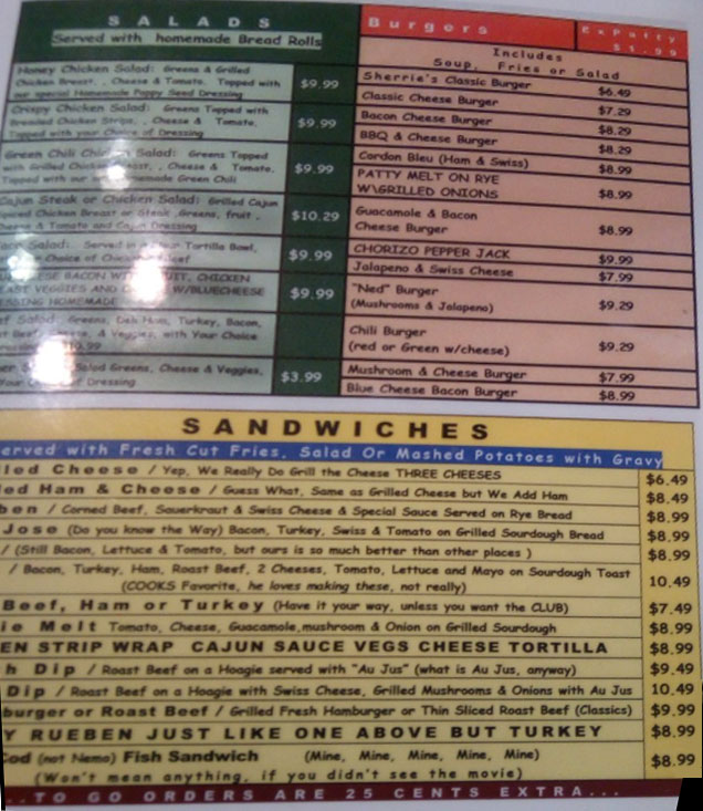 Sherries Place Menu