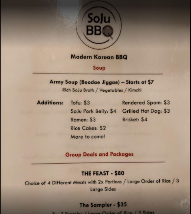 SoJu BBQ Menu