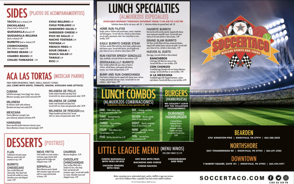 Soccer Taco Bearden Menu