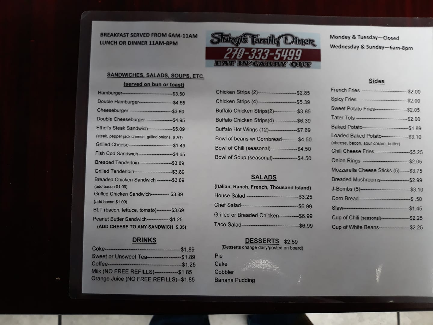 Sturgis Family Diner Menu