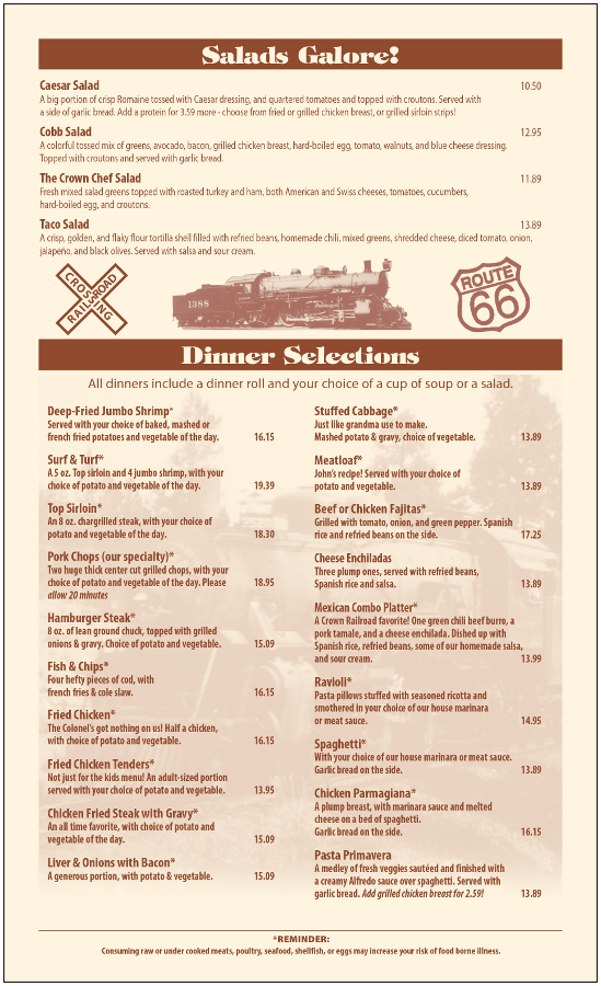 The Crown Railroad Cafe Menu