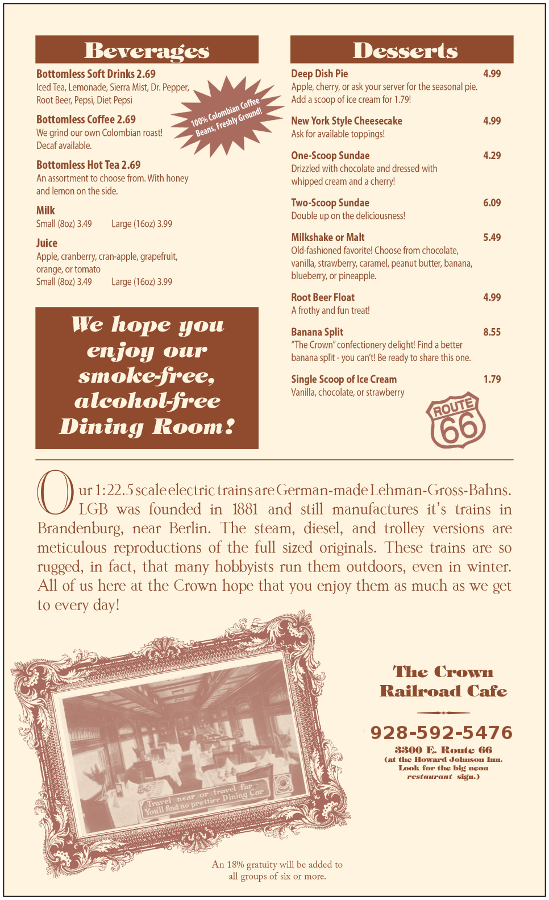 The Crown Railroad Cafe Menu