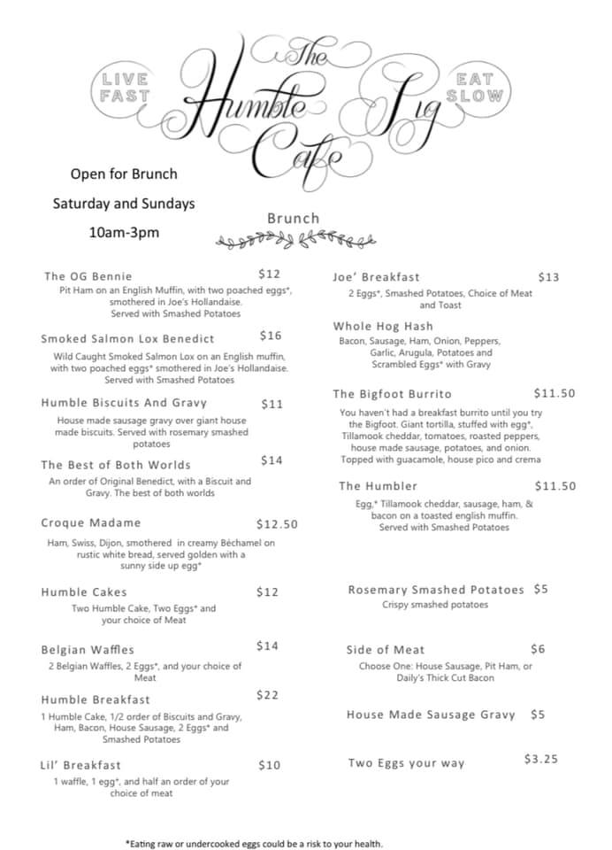 The Humble Pig Cafe Menu