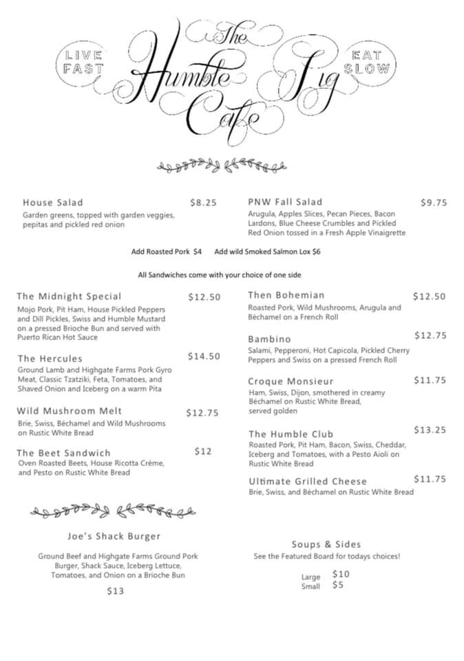 The Humble Pig Cafe Menu