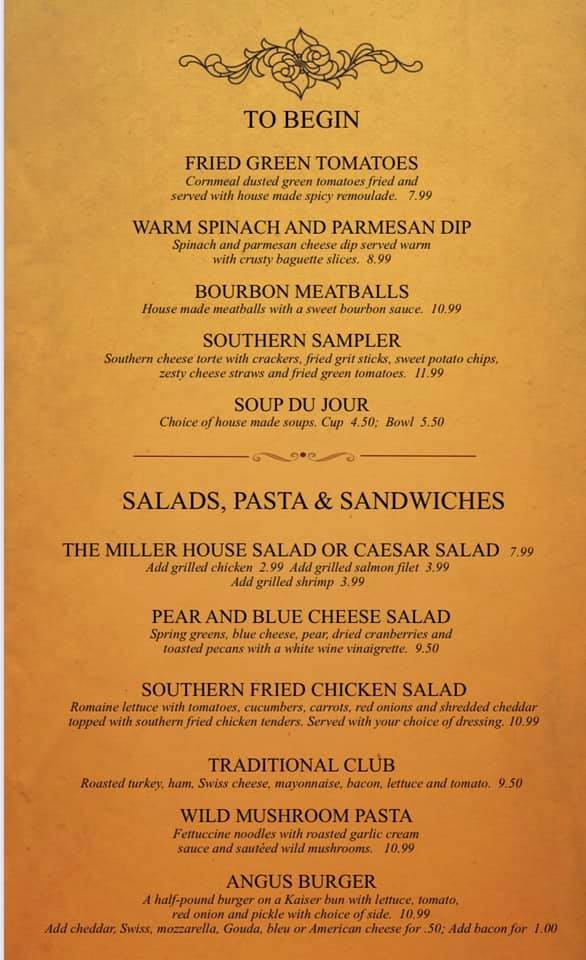 The Miller House Menu