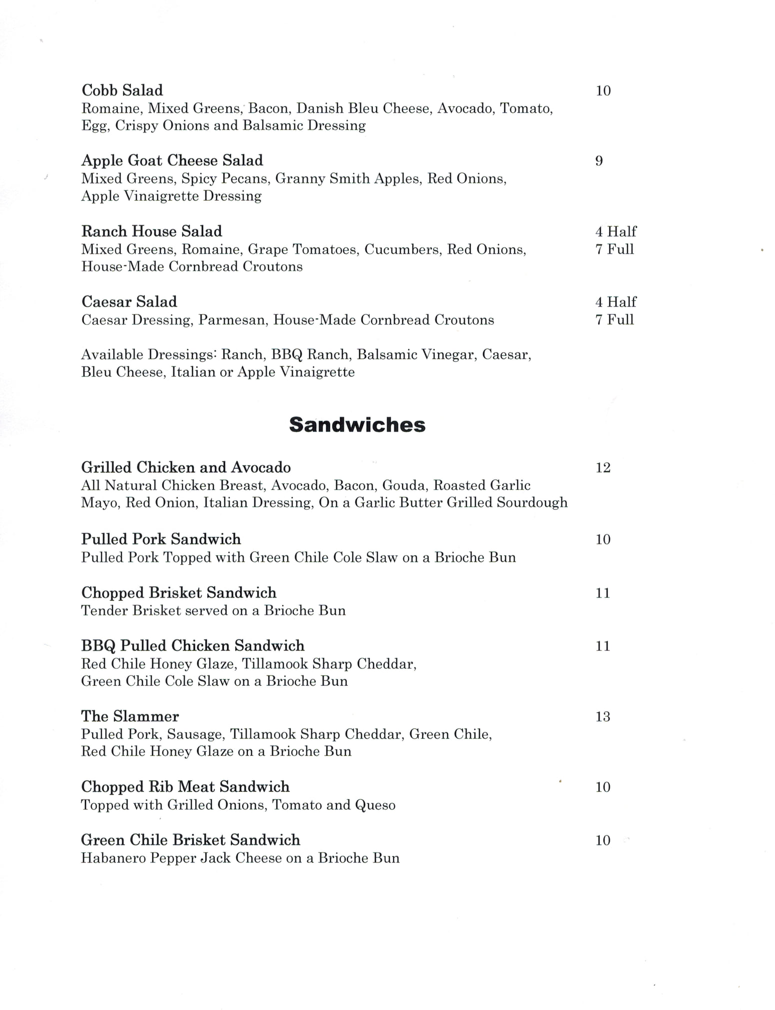 The Ranch House Menu