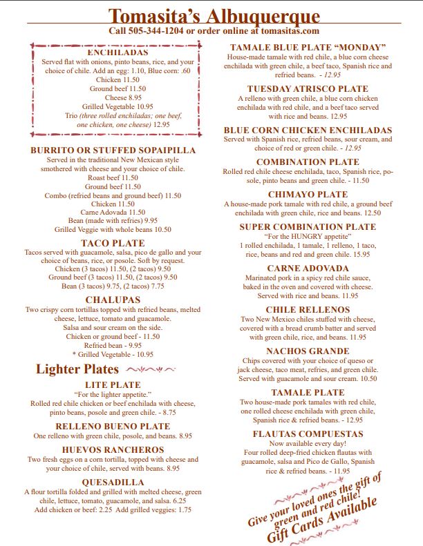 Tomasita’s Albuquerque Menu