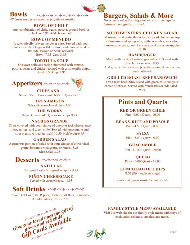 Tomasita’s Albuquerque Menu