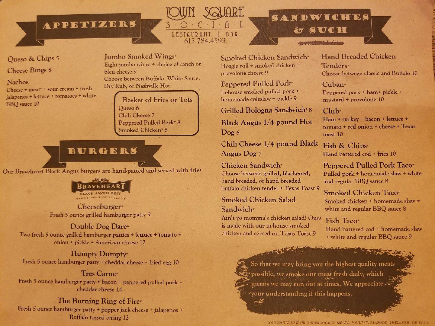 Town Square Social Menu