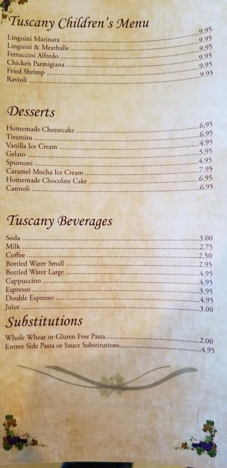 Tuscany Grill Menu