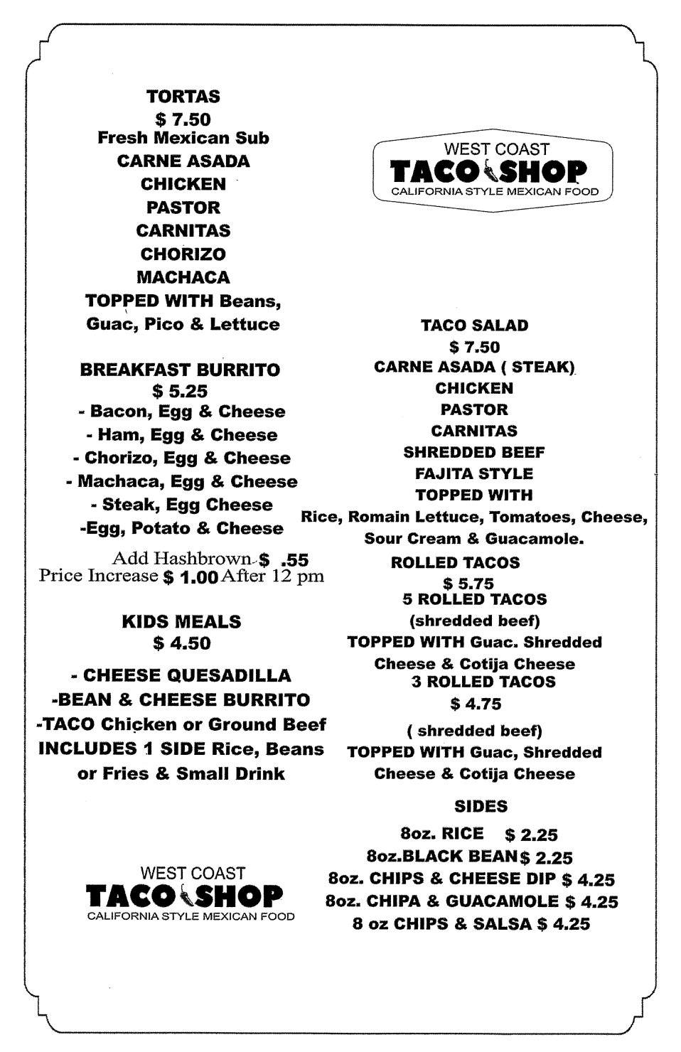 West Coast Taco Shop Menu