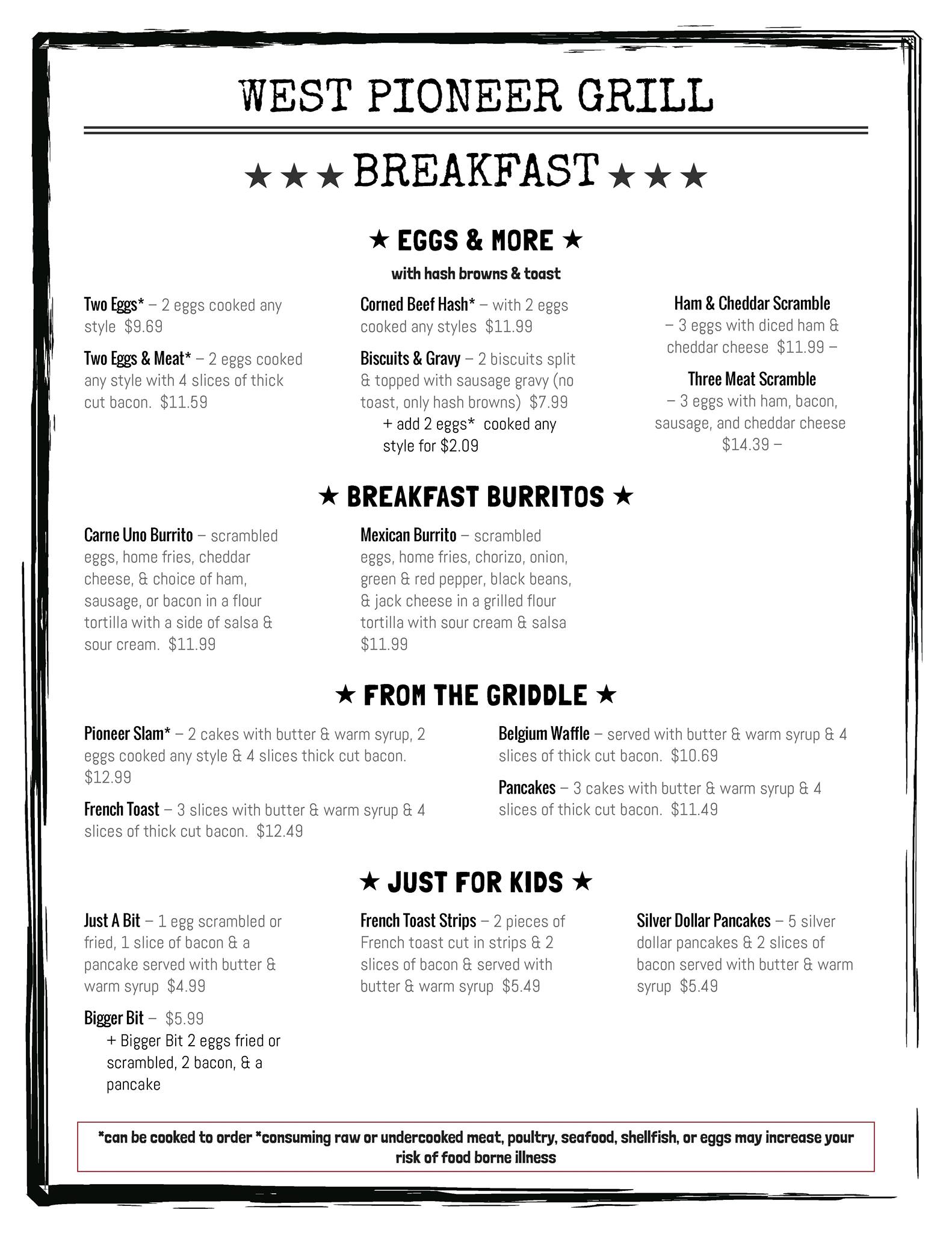 West Pioneer Grill Menu