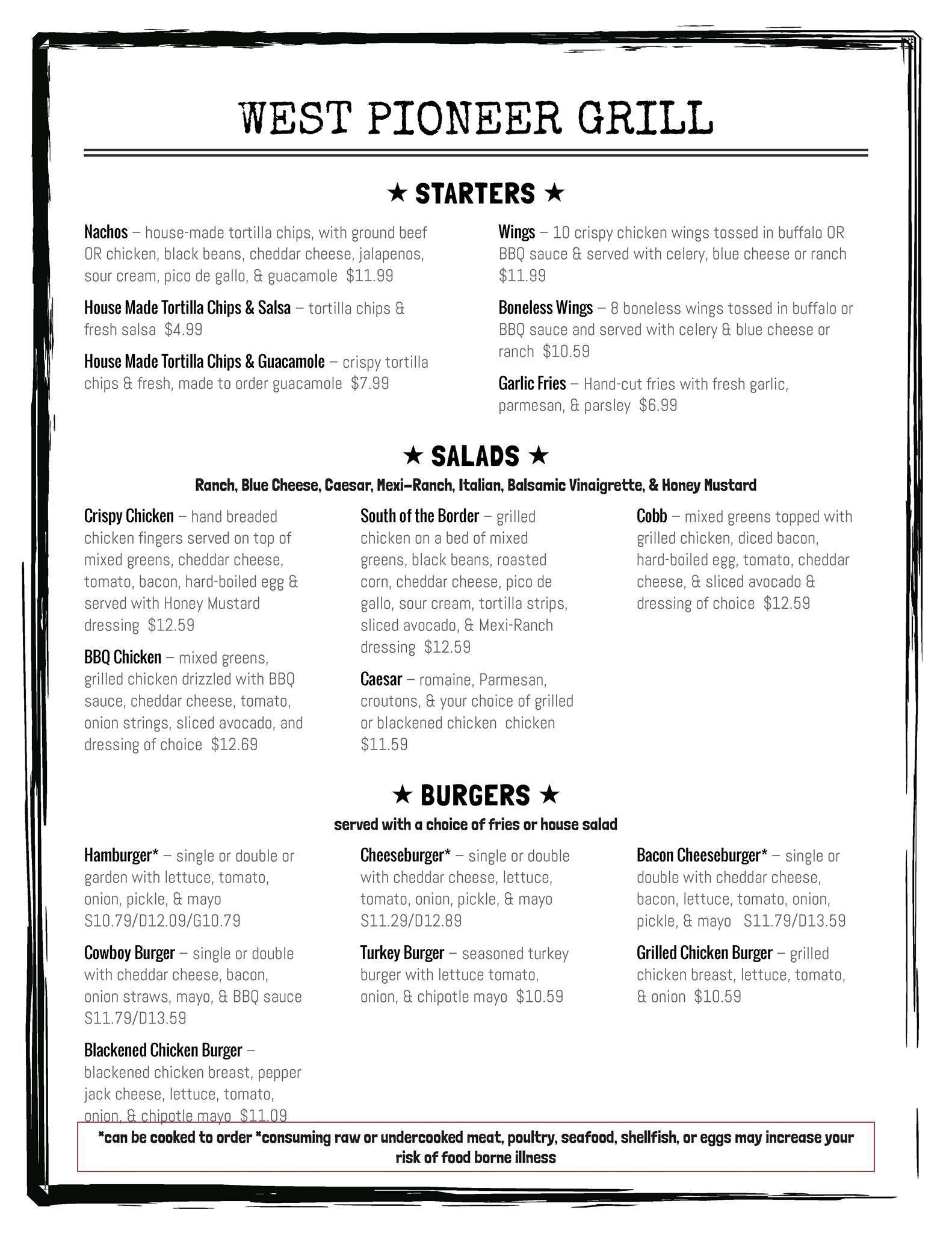 West Pioneer Grill Menu