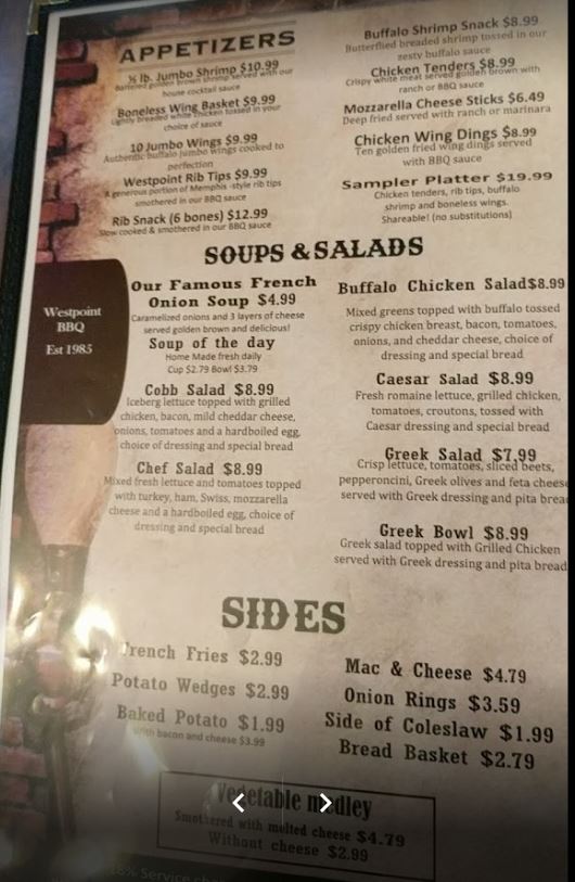 Westpoint BBQ Menu