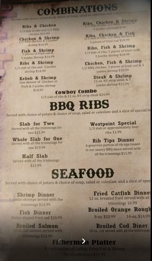 Westpoint BBQ Menu