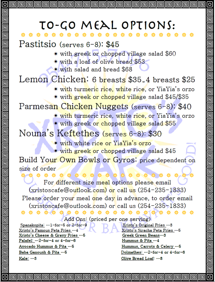 Xristos Cafe Greek Food Truck Menu